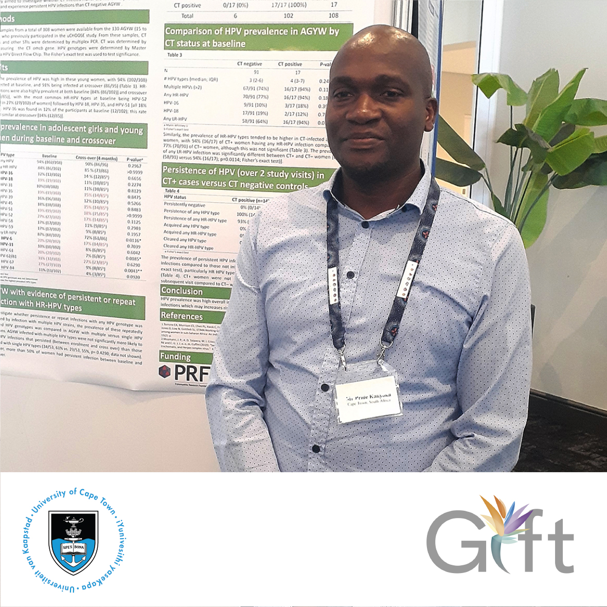 GIFT team member, Pride Kanyoka, presented a poster  "Prevalence of human papillomavirus coinfection in adolescent girls and young women infected with Chlamydia trachomatis in CPT, SA" at the Virology Africa conference. Dive into his insightful poster: gift-africa.org.za/2024/04/25/spo….