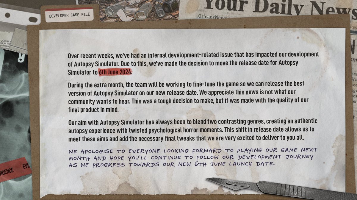 We’ve made the tough decision to move the release date for Autopsy Simulator to 6th June 2024. 𝐏𝐥𝐞𝐚𝐬𝐞 𝐟𝐢𝐧𝐝 𝐚𝐧 𝐮𝐩𝐝𝐚𝐭𝐞 𝐚𝐛𝐨𝐮𝐭 𝐨𝐮𝐫 𝐫𝐞𝐥𝐞𝐚𝐬𝐞 𝐝𝐚𝐭𝐞 𝐛𝐞𝐥𝐨𝐰: