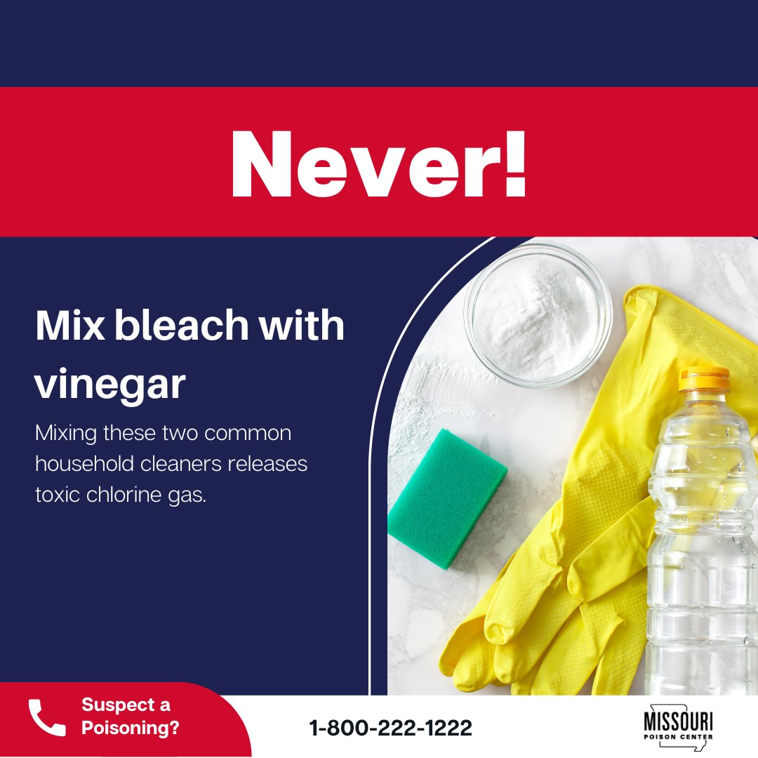 mopoisoncenter's tweet image. Mixing #bleach and #vinegar can be deadly. Combined, these two common household cleaners release toxic chlorine gas which can cause irritation to the eyes, nose, throat, skin and lungs. In high concentrations, it can lead to serious respiratory issues and even death. #chlorinegas