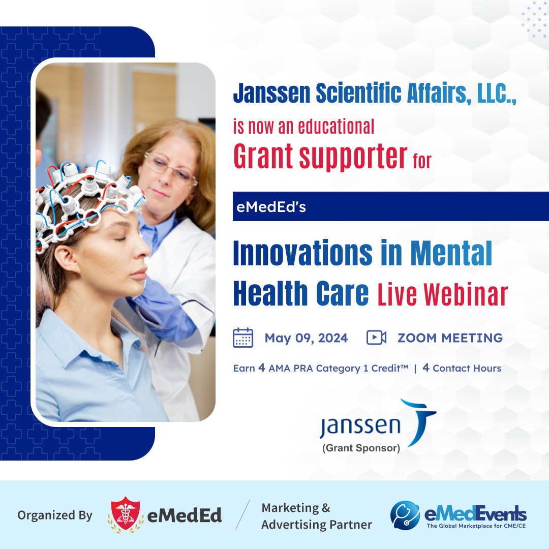 We are thrilled to announce that eMedEd. Inc. has been awarded an educational grant from Janssen Scientific Affairs,   will support our upcoming live webinar, 'Innovations in Mental Healthcare'.

Register Now - bit.ly/3usy9AI

#MentalHealth #Innovation #eMedEvents