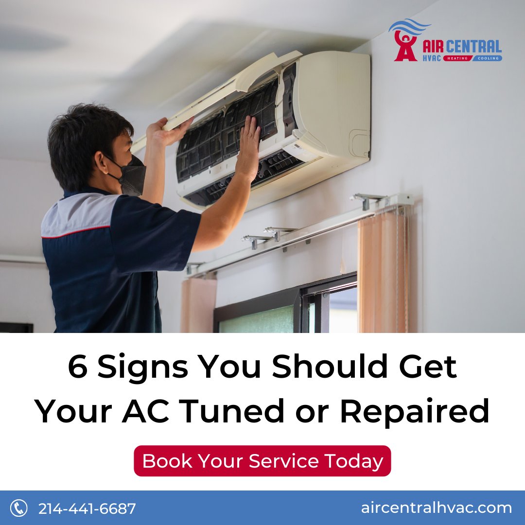 Here are the 6 signs when you should get your AC tuned or repaired:

1. Insufficient Cooling
2. Weak Airflow
3. Strange Noises
4. Foul Odors
5. High Energy Bills
6. Frequent Cycling On and Off

#aircentralhvac #garlandhvac #heatingandcooling #hvacservices #acrepair #heatpumps