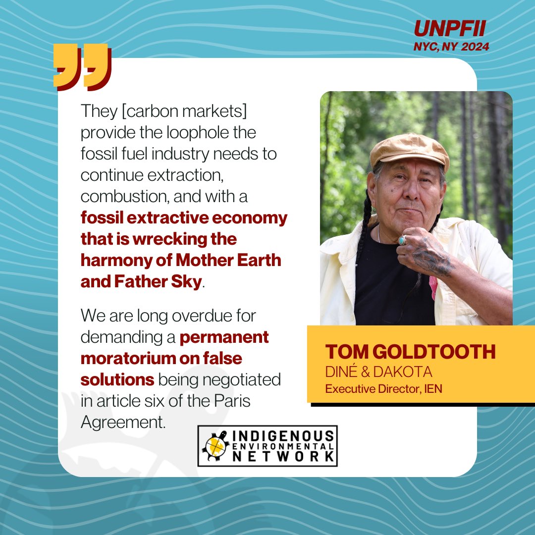 Carbon markets enable the fossil fuel industry to keep polluting. Tom Goldtooth emphasizes the importance of balance in the natural world, and led our IEN delegation at #UNPFII calling for a permanent moratorium on false solutions!

 #NoFalseSolutions #EndCo2lonialism