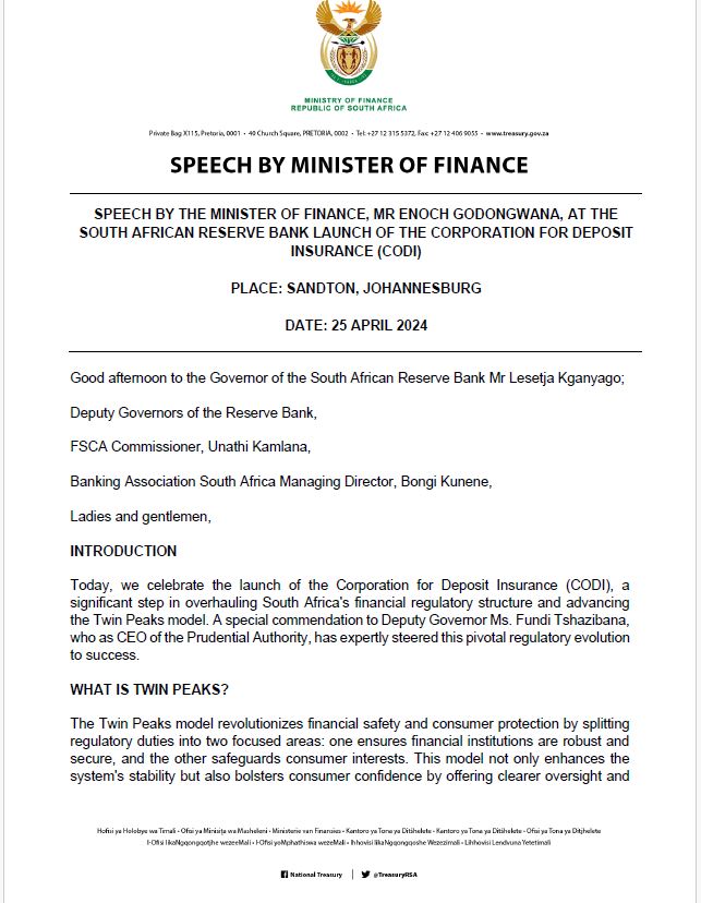 Speech by Minister of Finance, Mr. Enoch Godongwana at the launch of the Corporation for Deposit Insurance (CODI). Read the full speech here: treasury.gov.za @GovernmentZA