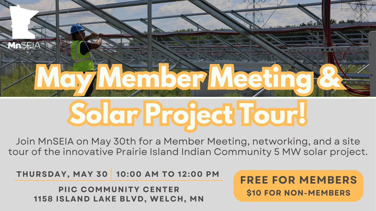 Have you registered for MnSEIA's May meeting? Join Minnesota’s #energy professionals on May 30th at PIIC Community Center for MnSEIA updates and a site tour of the 5MW Prairie Island Indian Community #solar project! Register: buff.ly/44573gr