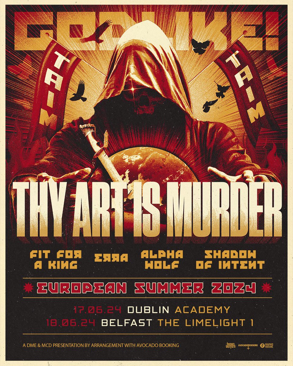 Coming soon! Thy Art Is Murder make their Irish bow with the stellar supporting cast of Fit For A King, Erra, Shadow Of Intent & Alpha Wolf. Tickets from Ticketmaster & usual outlets.