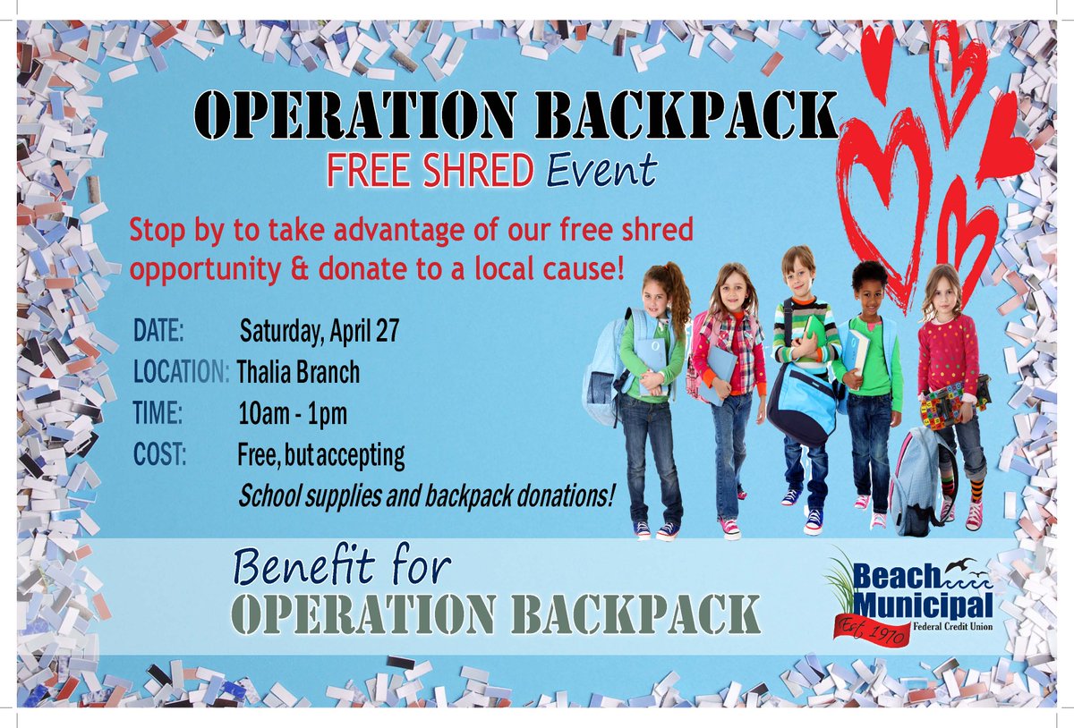 Protect your identity by never putting confidential documents into the garbage. Instead, SHRED! Don't forget your backpacks and schools supplies for our kiddos @VBSchools. #Shred #VirginiaBeach #OperationBackpack ow.ly/ujYI30sBAA0