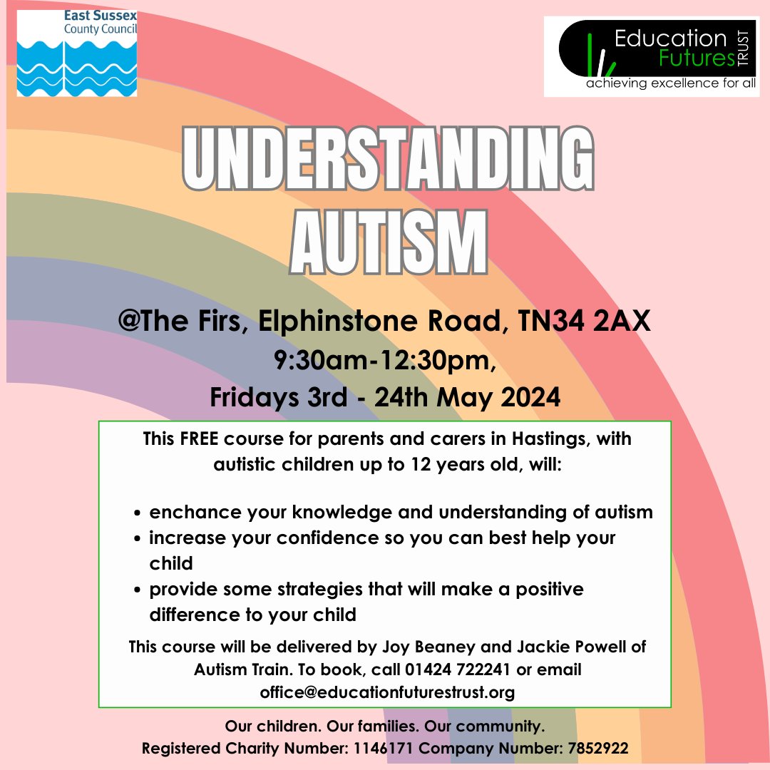 We still have a couple of spaces on our FREE course 'Understanding Autism' starting next Friday 3rd May. The sessions are delivered by Jackie Powell of Autism Train and will run every Friday for 4 weeks. Contact us now to book #UnderstandingAutism #Hastings #Support #FreeCourse
