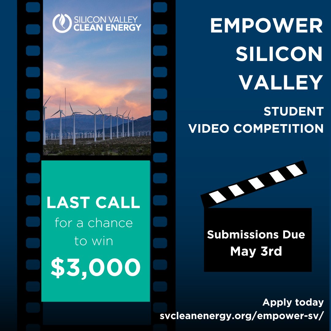 This is your last chance to win up $3,000 for your student clean energy short videos! EmPower Silicon Valley challenges you to promote sustainable energy through a 60-second video. Show off your skills before it’s too late! Submit by May 3rd at 🔗 svcleanenergy.org/empower-sv/