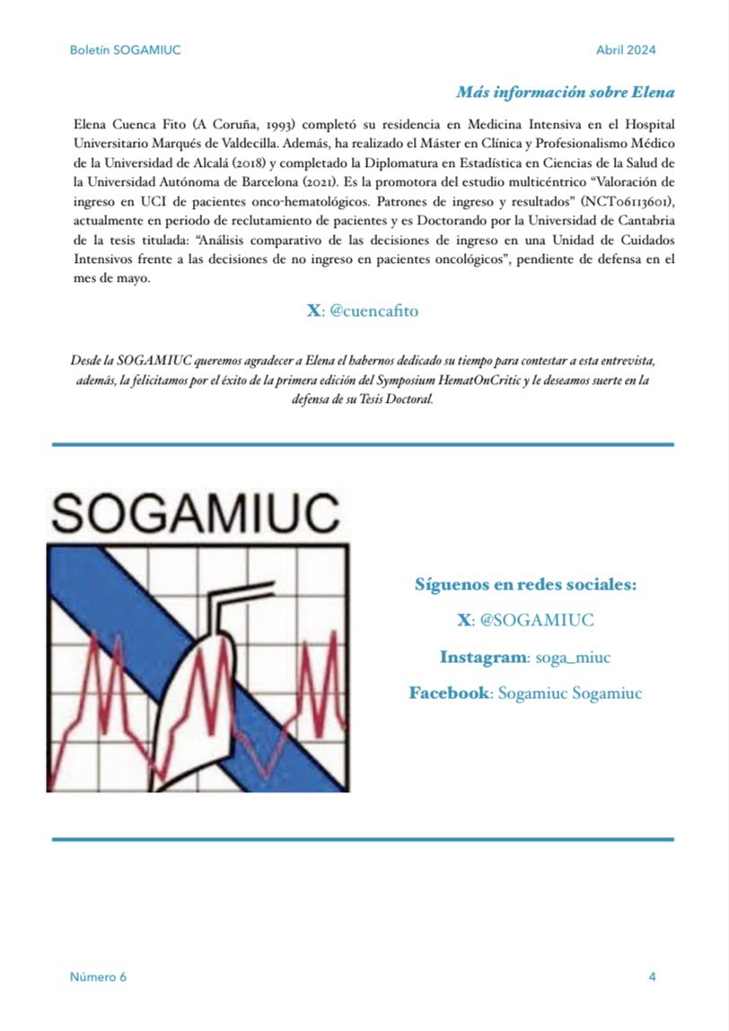 #BoletinSOGAMIUC 6. En este nuevo boletín hablamos con Elena Cuenca @CuencaFito acerca del Symposium HematOnCritic celebrado recientemente en A Coruña y de su estudio sobre paciente hemato-oncológico. Gracias Elena!!!