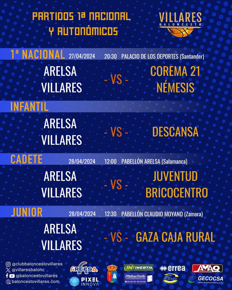 1ª ɴᴀᴄɪᴏɴᴀʟ ʏ ᴀᴜᴛᴏɴᴏᴍɪᴄᴏꜱ

1ª Nacional:
⏰20:30
🆚 <a href="/cbnemesis/">Baloncesto Némesis Santander - Kells College</a> 
📍Palacio de los Deportes

Infantil:
🛌DESCANSA

Cadete:
⏰12:00
🆚 Juventud Bricocentro
📍Pab. Arelsa 

Junior:
⏰12:30
Gaza Caja Rural Zamora
📍Pab. Claudio Moyano

#crecerJUNTOScrecerFUERTES