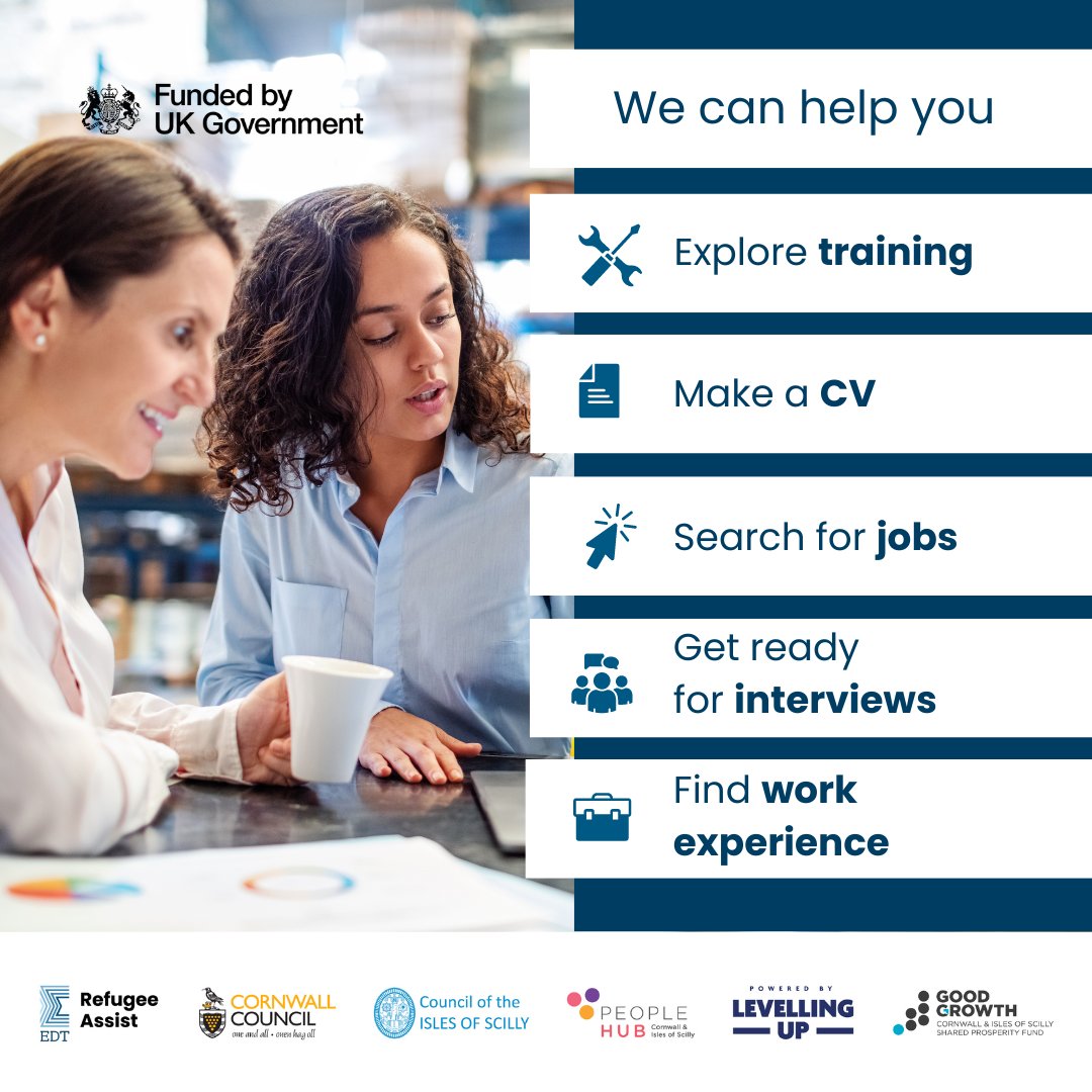 New to the UK and live in #Cornwall and the Isles of #Scilly? Refugee Assist can help you look at training options, make a CV, apply for jobs and more. ow.ly/HOkt50Rh1PZ

#Refugee #JobSearch #PeopleHub #LevellingUp #CIOSGoodGrowth 
Project funded by UK Govt via #UKSPF