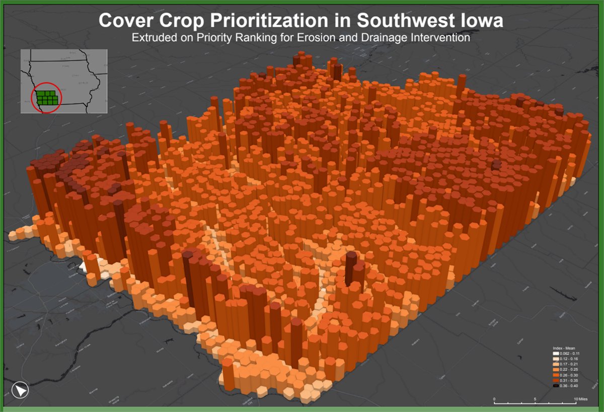In agriculture, cover crops (typically legumes & cereal grains) are planted to restore the soil, prevent erosion, & reduce runoff. This 3D analysis helps farmers understand where cover crops are needed most. 🌱 🔸See the full map: esri.social/9zn150Rjb3N Author: Hannah Price