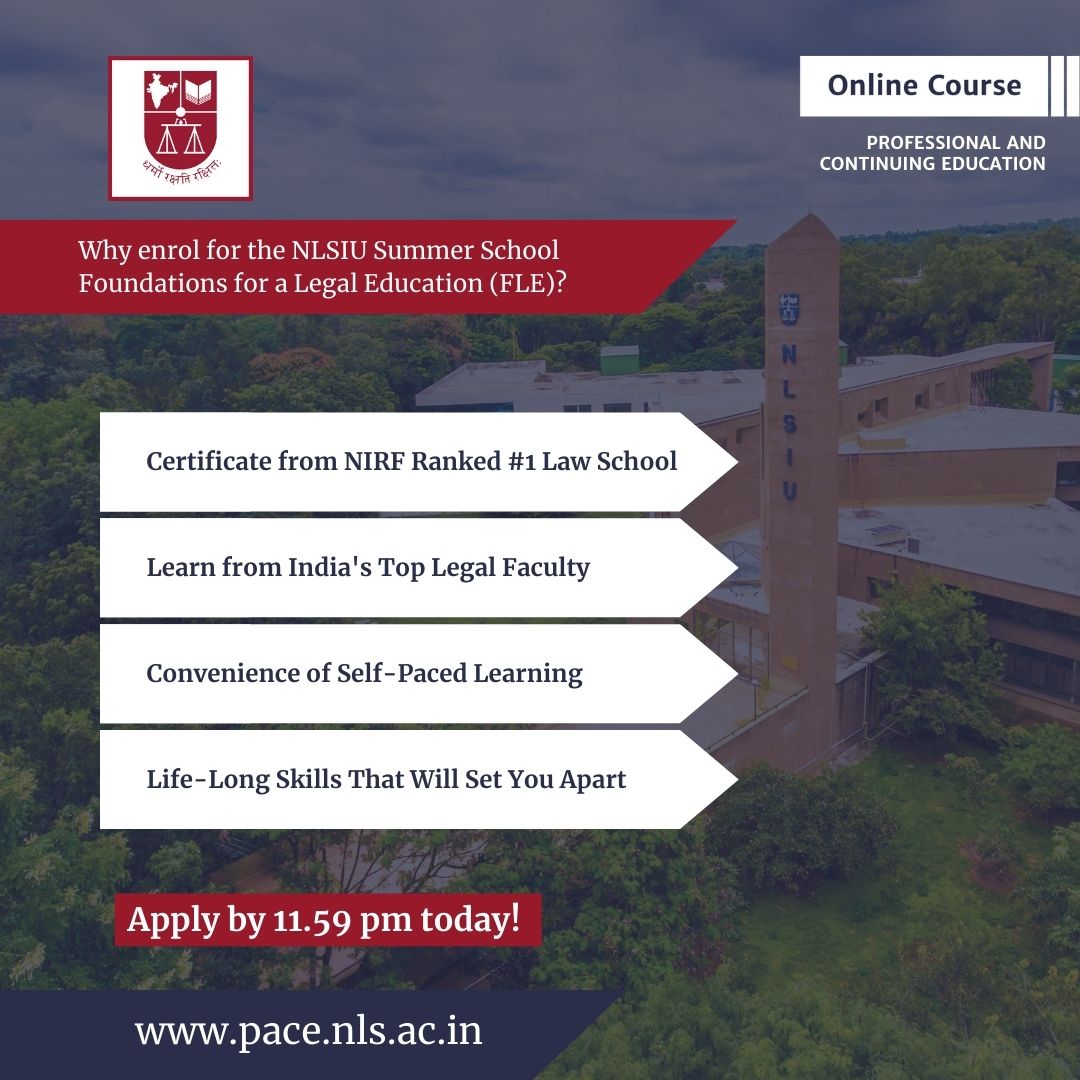 Application window for the Foundations for a Legal Education Certificate Course closes tonight! The FLE Course has four modules on Reading Closely, Thinking Critically, Writing Clearly, and Speaking Persuasively. To know more and apply, visit pace.nls.ac.in/programmes/fou…