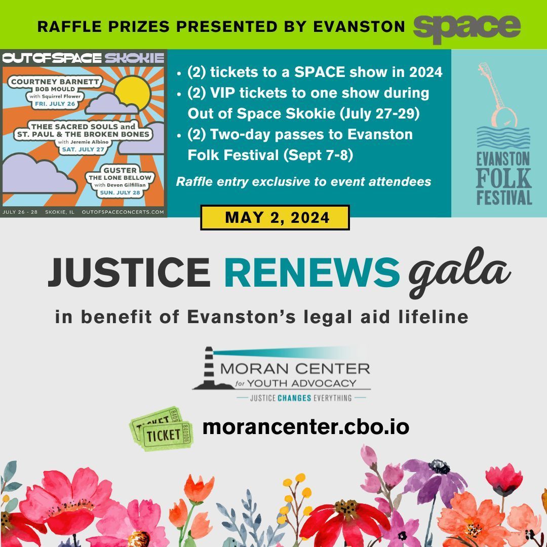 More good news, music fans! 🎵 Our friends at @EvanstonSpace are presenting three exclusive raffle packages for #JusticeRenews gala attendees to enter to win. Join us in one week for a fun evening in benefit of #Evanston's legal aid lifeline. 🎟️Get tix: buff.ly/3xHoesd