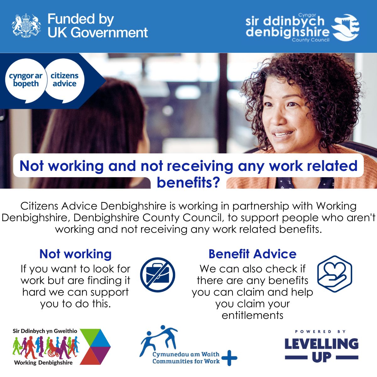 We are working alongside Citizens Advice Denbighshire to help people living in Denbighshire into work, whilst also providing benefits advice at the same time! To sign up for support ➡️ Working.denbighshire.gov.uk