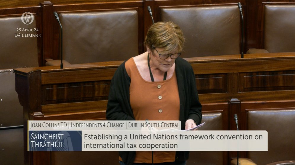 #Dáil Topical Issue 3: Deputy Joan Collins @JoanCollinsTD - To the Minister for Environment, Climate and Communications: To discuss Ireland's position on establishing a United Nations framework convention on International tax cooperation. bit.ly/2wRX0Aj #SeeForYourself