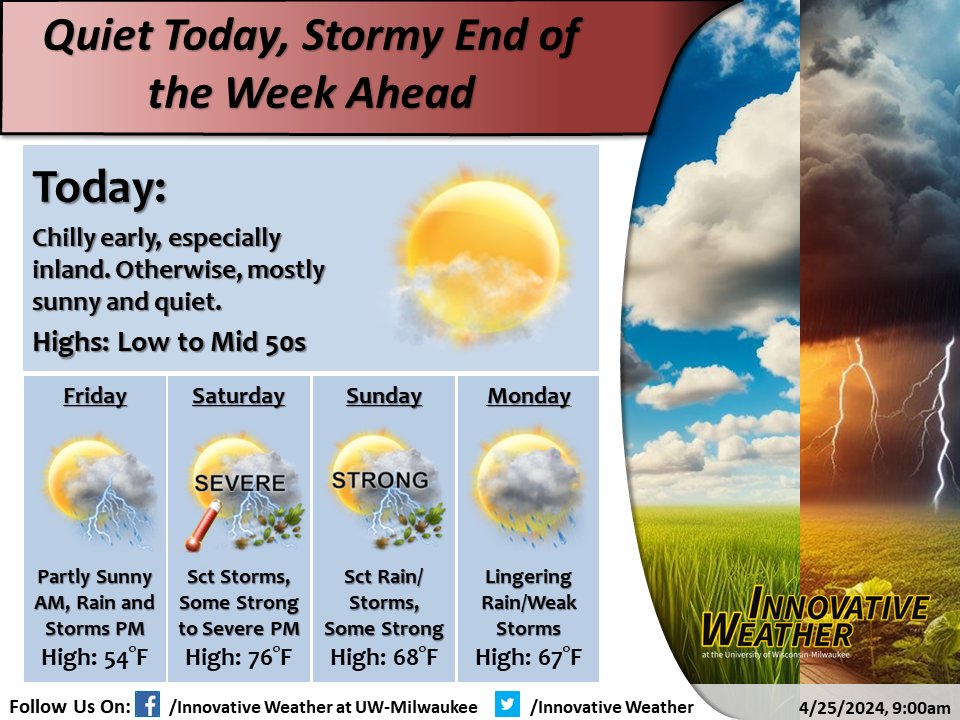 9:00am, 4/25/24: There is still a chill in the air this AM, especially inland. Fortunately, we warm today into the low to mid 50s under mainly sunny skies. We then trade the quiet for storms Friday-Sunday, with severe weather possible at times, so stay weather aware this weekend!
