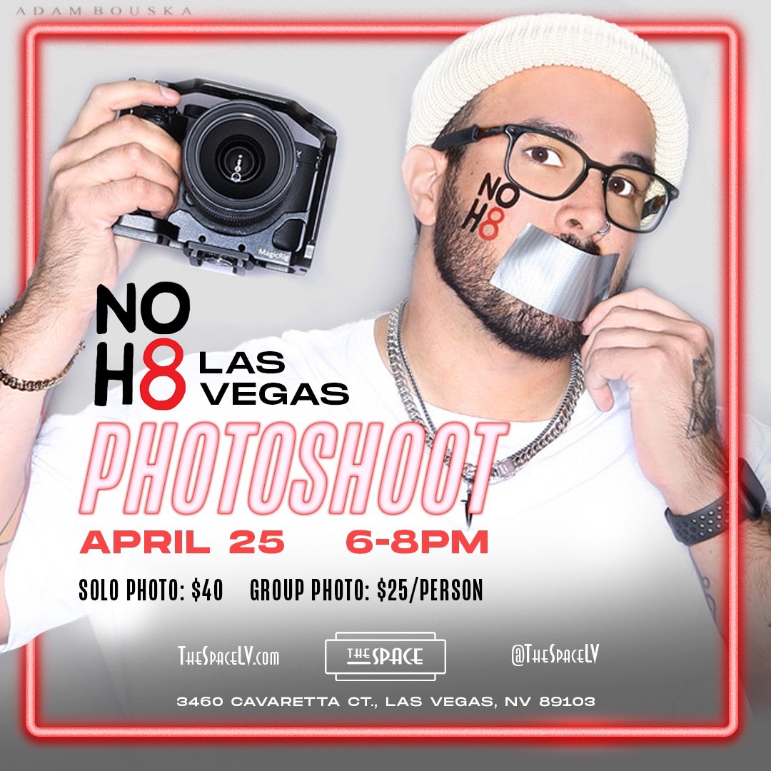 Join the #NOH8 Campaign & add your face to the fight for equal human rights! 🖤❤️

The @NOH8Campaign returns to #Vegas TODAY, April 25 for an open photo shoot! Stop by #TheSpaceLV anytime between 6-8pm for an official NOH8 photo.

Arrive camera-ready w/ a plain white shirt. 📸