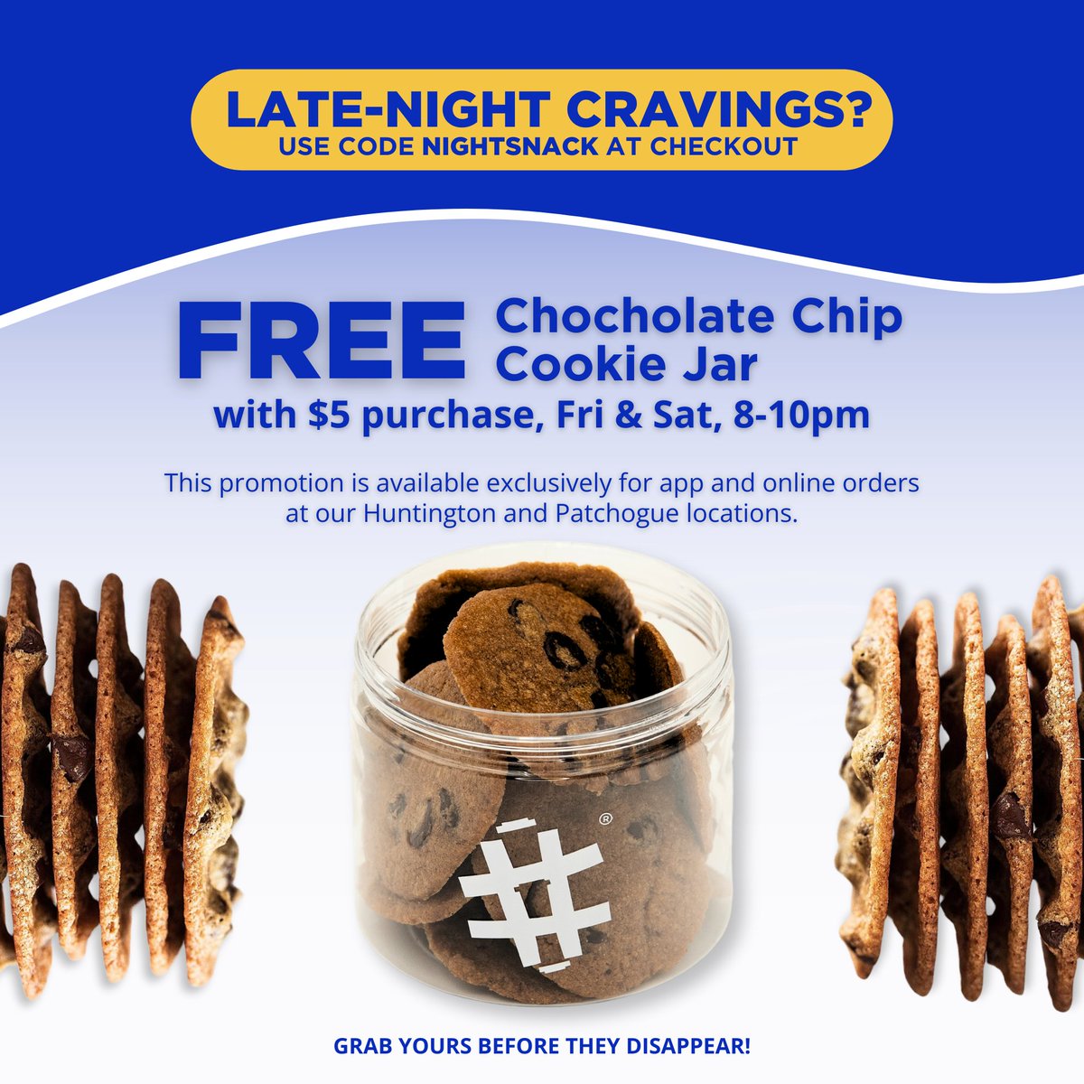 Late night cravings?  This offer is exclusive to app and online orders at our Huntington and Patchogue locations. Don't forget to use coupon code NIGHTSNACK at checkout. 

Swing by and make your nights sweeter! 

#YAAASTEA #cookiejar #cookies #longislandny