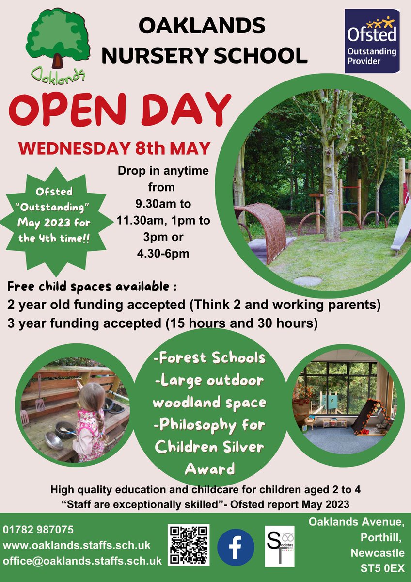 OaklandsN's tweet photo. OPEN DAY 8TH MAY
APPLICATIONS FOR SEPTEMBER 2024 BEING TAKEN

Prospective parents are welcome to come and look around the nursery and meet the staff.
No need to book - you can drop in anytime between 9.30am to 11.30am, 1pm to 3pm or 4.30pm to 6pm.
Any queries tel 01782 987075 https://t.co/zD9OHkAqgD