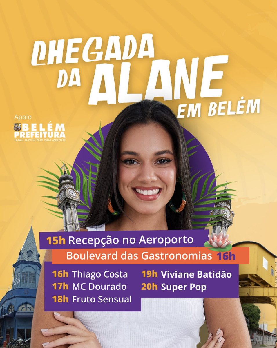 🚨 Atenção, galera de Belém! O adm tem um comunicado pra vocês: Alane está de volta a Belém e a prefeitura preparou uma recepção especial para agradecer e celebrar a incrível jornada de Alane no BBB, levando a cultura de Belém ao mundo. Bora comemorar?

📍Local: Boulevard da