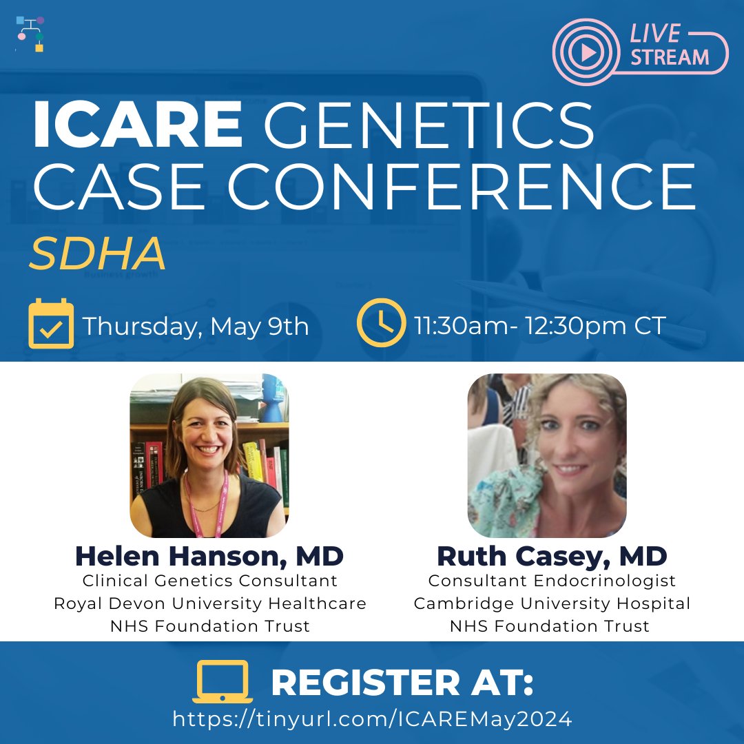 Our next #ICARE #genetics case conference on May 9th (11:30am-12:30pm CT) will be broadly accessible! We are honored to have Helen Hanson, MD and Ruth Casey, MD as our guest experts to provide a presentation on #SDHA. Register using the link below ⤶ tinyurl.com/ICAREMay2024