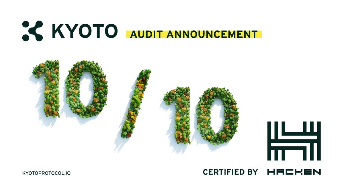 $Kyoto, the blockchain for carbon markets, is proud to announce that its foundational smart contracts have been certified as safe by Hacken and received the highest possible score of 10/10.

Glad to be part of this amazing project $KYOTO . Read more kyotoprotocol.io/news/kyoto-sco…