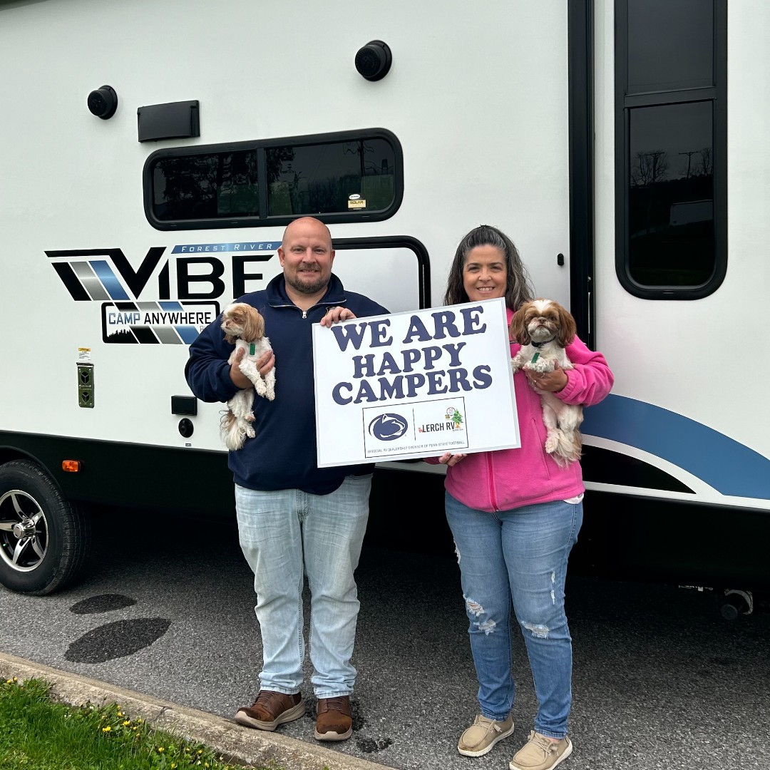 Happy Campers they are! Jodi and Jason recently took home their new Vibe 26RB. Camping memories are in the making! Thank you for following the Fox and making the trip from Chambersburg, PA.  #campanywhere #goRVing #happycampers #smiles #WeAre #PSU #VibeRV