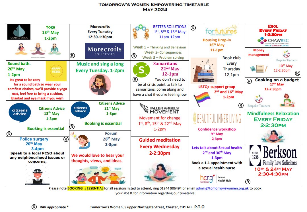 Here's our May timetables for #tomorrowswomenwirrral and #tomorrowswomenchester filled with courses, support and activities💗 please share to anyone who may benefit #supportinwirral #supportinchester #supportforwomen