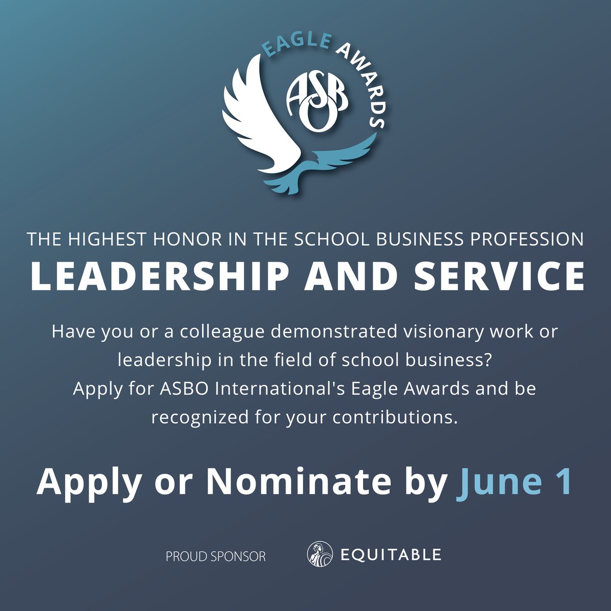 Join us to honor outstanding #schoolbusiness professionals with the #ASBOEagleAward! 🥇 We're recognizing those who go above and beyond to support their districts and students. Apply or nominate a peer by June 1! Apply here: asbointl.org/eagle Proud Sponsor: @Equitablefin