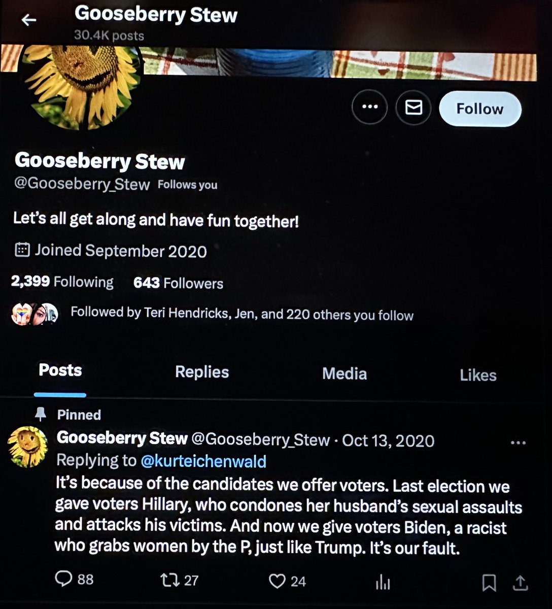 This garbage account followed me overnight. Looks like it’s deceived 222 of my mutuals to follow it. You might want to check. ⁦@Gooseberry_Stew⁩