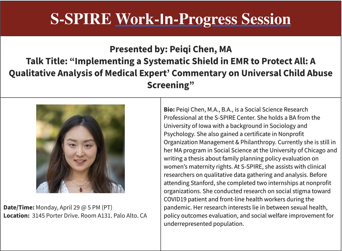 Peiqi Chen and @StanfordSPIRE invite you to a commentary on Universal Child Abuse Screening. Join us MONDAY at 5PM for this week's WIP!