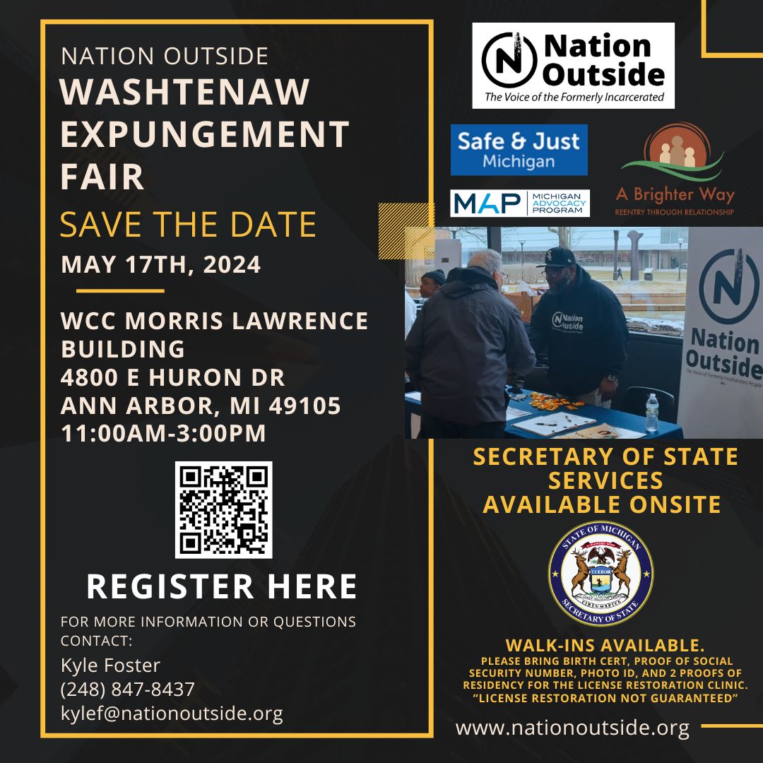 MILiberation's tweet photo. May Expungement Fair Schedule (Grand Rapids-Saginaw-Washtenaw-Macomb). Need your record expunged? Looking to volunteer? Sign up using the QR code or use contact information on flyer. #expungements #cleanslate https://t.co/rJNXcMAj1L