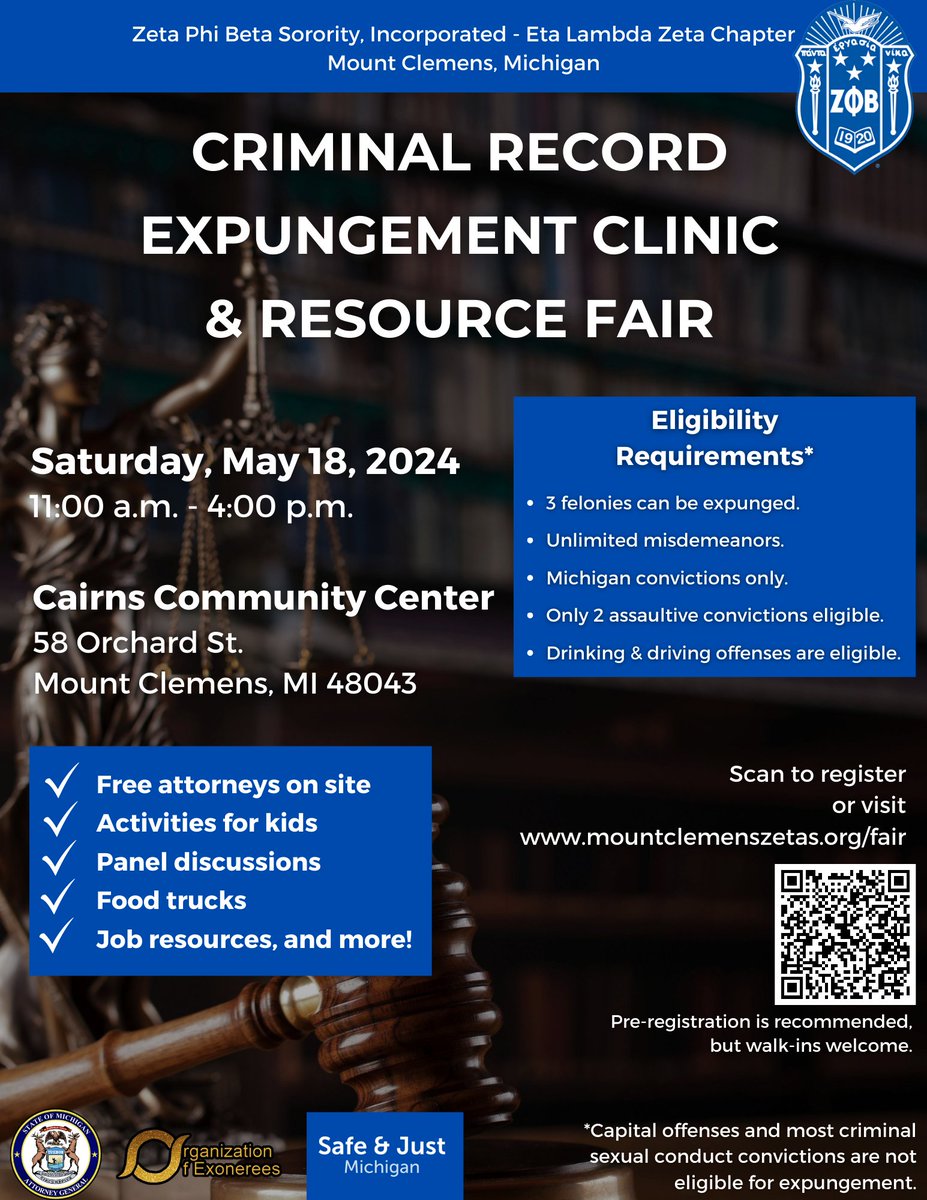 MILiberation's tweet photo. May Expungement Fair Schedule (Grand Rapids-Saginaw-Washtenaw-Macomb). Need your record expunged? Looking to volunteer? Sign up using the QR code or use contact information on flyer. #expungements #cleanslate https://t.co/rJNXcMAj1L