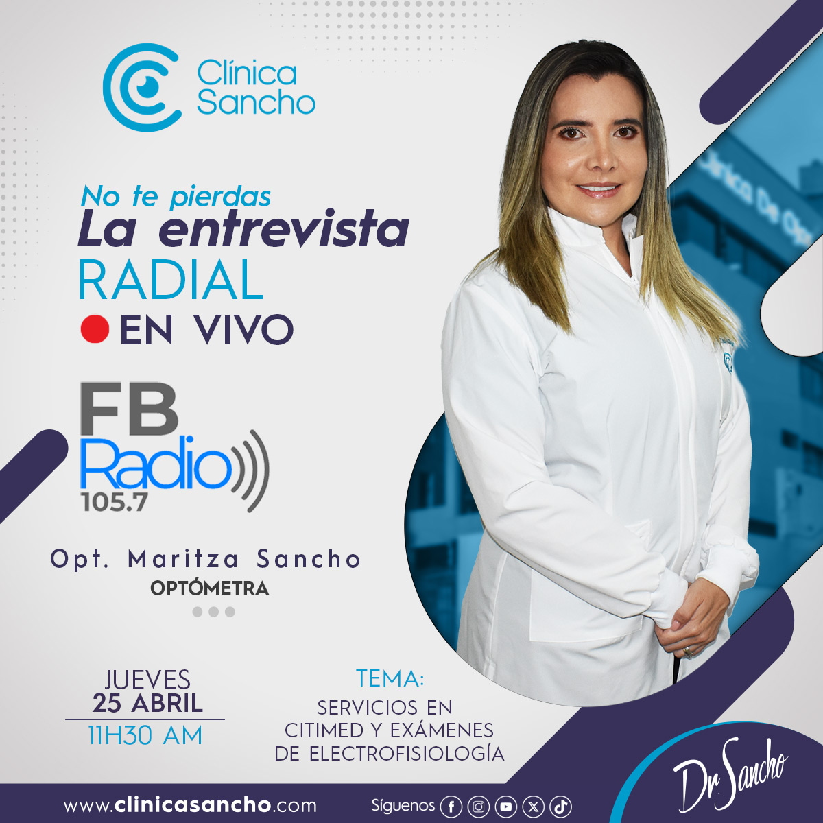 📷 ¡No te pierdas la entrevista radial el día de hoy a las 11:30 en @FBRadio1! 📷 Únete a la Opt. Maritza Sancho para descubrir los servicios del consultorio Citimed y sus avances en electrofisiología. ¡Te esperamos! #Citimed #Electrofisiología #Entrevista #Salud