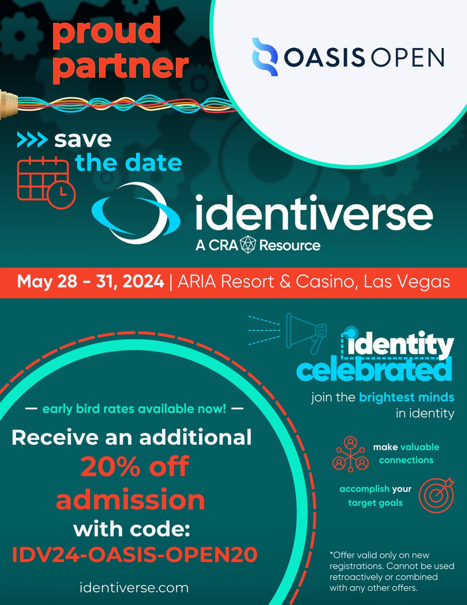 We're pleased to announce our partnership with @Identiverse for their 15th annual conference from 28-31 May in Las Vegas, NV! OASIS members can register with 20% off by using code IDV24-OASIS-OPEN20 at: events.identiverse.com/identiverse202… #Idenitverse2024 #identity #security
