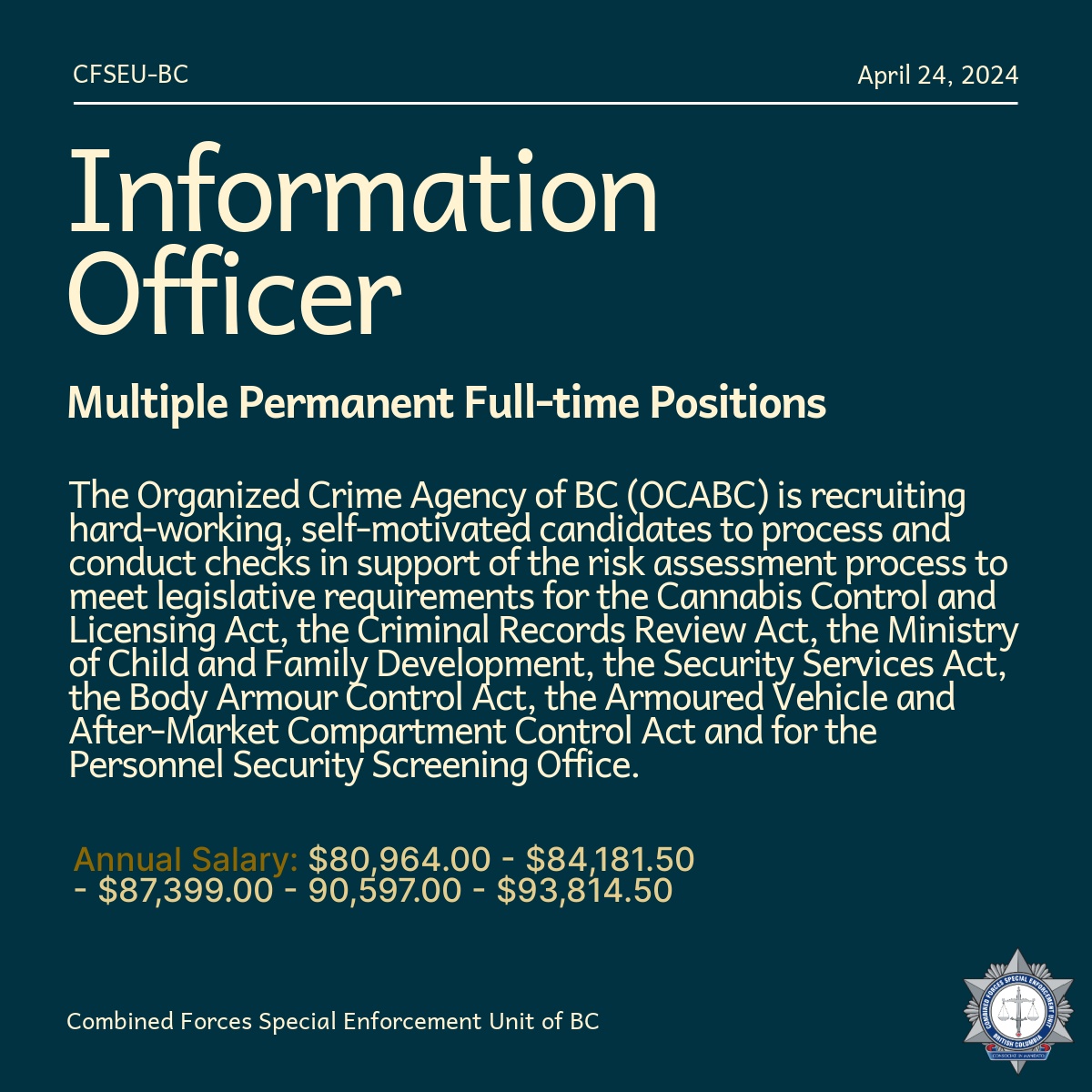 🚨Job Alert: Information Officer (Victoria Office). Multiple Permanent Full-time Positions. #jobs #bcjobs #policejobs #jobalert #hiringnow #CFSEUBC
🔗cfseu.bc.ca/jobs/