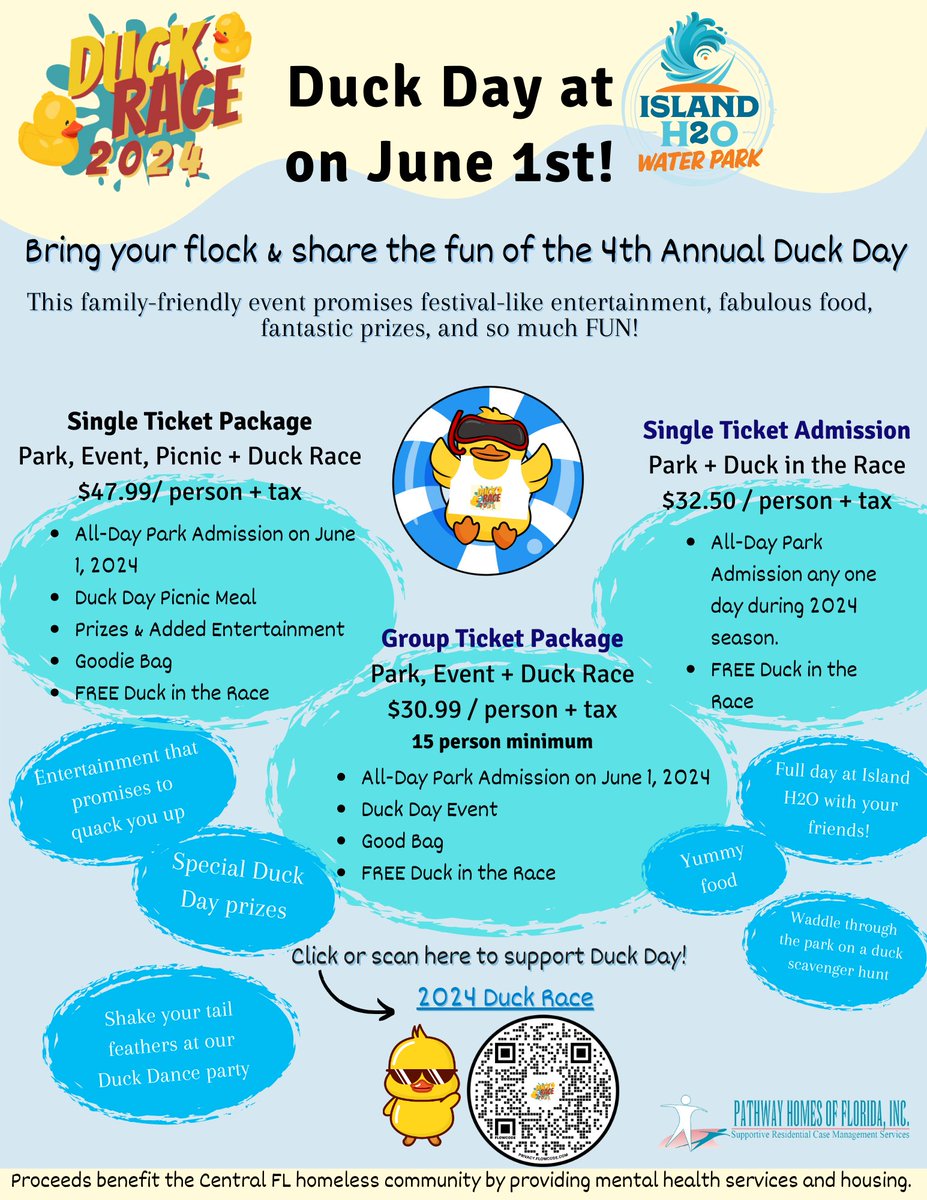 We need your unwavering support to make a SPLASH at the 2024 Duck Race, hosted by Island H20 Water Park! 🐥🌊

Don’t miss out on family fun entertainment, games, prizes, and supporting a great cause! Buy a ticket, be a sponsor, or be a duck racer: pathwayhomesflorida.org/duck-race-2024…