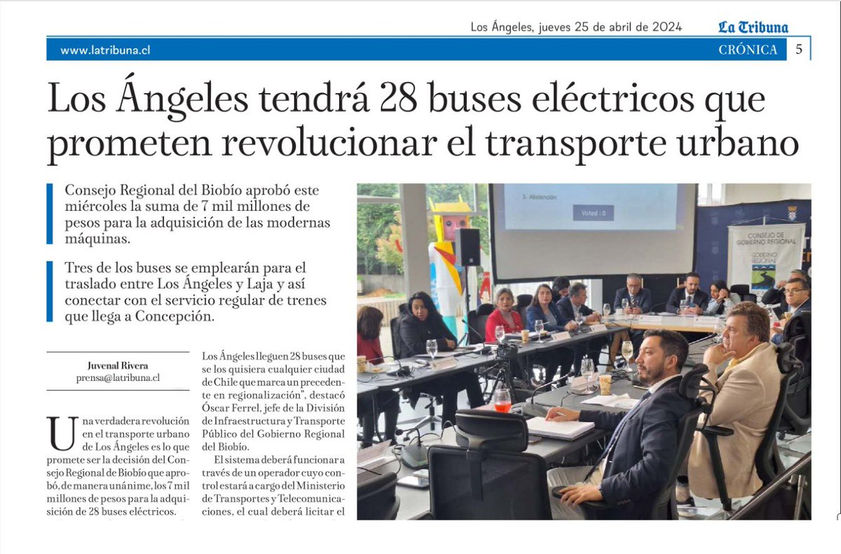 ✅ Región del Biobío avanza hacia la Electromovilidad🚏🚐 ⚡️@CoreBioBio aprobó $7.000 millones para adquisición de 28 buses eléctricos (c/wifi, aire acondicionado, rampas) para transporte público de Los Ángeles. 🚆3 buses conectarán con Laja y servicios @EFELaja + @EFE_Biotren