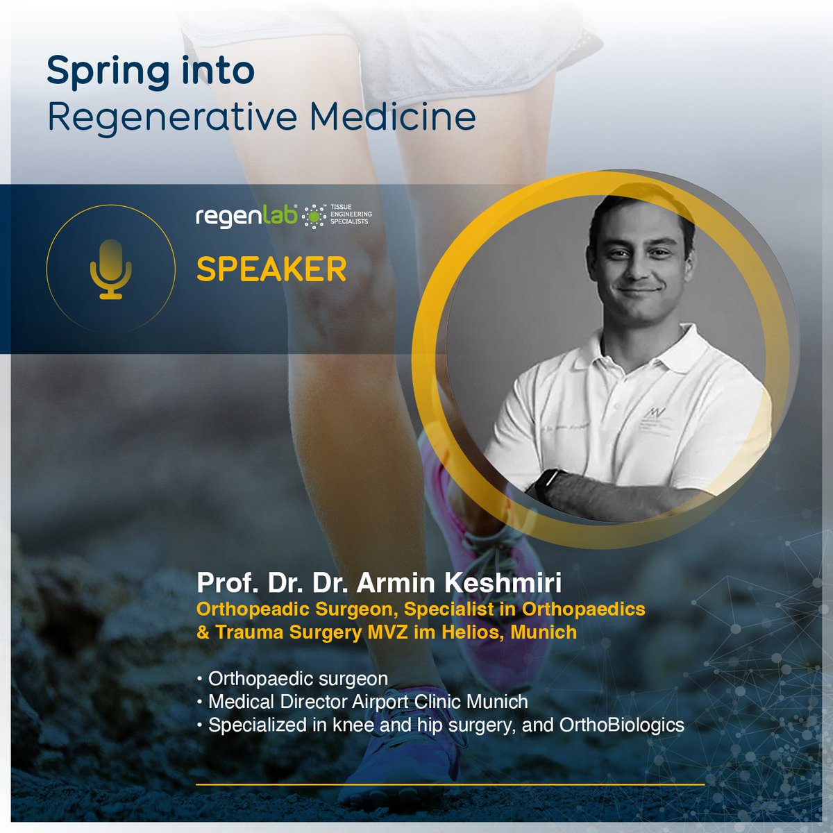 regen_lab's tweet photo. Spring into Regenerative Medicine - Knee Osteoarthritis! Join our online symposium on osteoarthritis with Prof. Armin Keshmiri, Mr Andrew Miller &amp; RegenLab. Explore a groundbreaking study on PRP + HA (Hyaluronic Acid) vs. HA alone. Don't miss out on this knowledge-sharing event! https://t.co/KVmidcLiAX