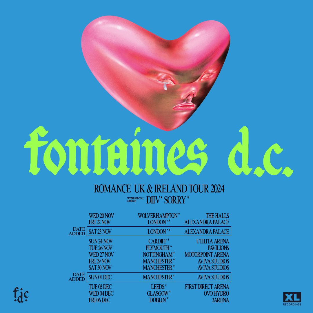 Due to incredible demand in the pre-sale, @fontainesdublin have added further shows in London and Manchester to their 'ROMANCE' tour later this year 🕺 Tickets for all shows go on sale tomorrow at 10am. 🎟️: bit.ly/3xONZa9