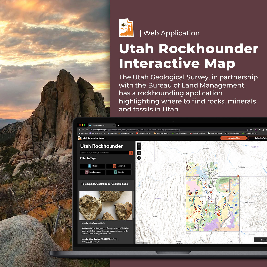 Looking to explore rocks, minerals, fossils, or beautiful landscape rocks? Check out our web app! Tailor your search based on your interests and get detailed information including location descriptions, land ownership, coordinates, directions, and photos. –geology.utah.gov/apps/rockhound…