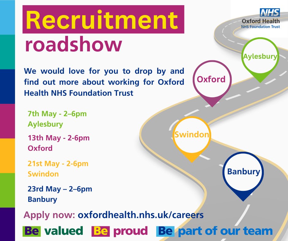 Join our ‘Recruitment Roadshow’ in Aylesbury on 7th May from 2-6pm. Sign up for a chat about opportunities to work in your local community for Oxford Health. Walk-ins also welcome!
💻Book your space – loom.ly/4xZOMHs

#OneOHFT #WorkWithUs #NHSJobs #JoinOurTeam