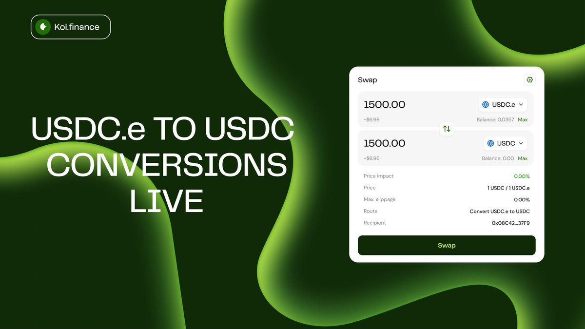 $USDC.e to $USDC conversions on <a href="/zksync/">ZKsync</a> are now live 🔁

Get some fresh <a href="/circle/">Circle</a> native $USDC by making a direct 1:1 conversion through <a href="/koi_finance/">Koi Finance (∎, ∆)</a>:

dapp.koi.finance/swap?inputCurr…