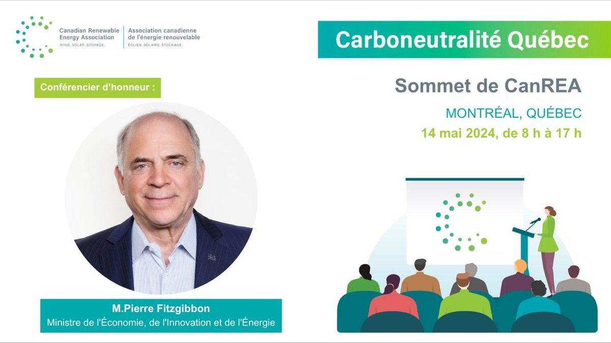 CanREA is pleased to announce that Minister Pierre Fitzgibbon, Minister of Economy, Innovation and Energy, will be keynote speaker at the first-ever Net-Zero #Quebec—CanREA Summit. Click for more info: lnkd.in/ePKiYaNX  
#solarenergy #windenergy #renewables #energystorage