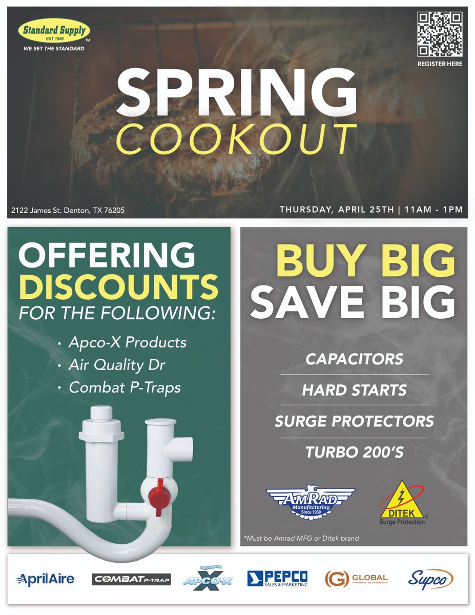 🍔Join us for our spring cookout TODAY from 11-1 at our Denton branch!🍔 Come hungry, meet vendors, enjoy discounts &amp; BIG savings! Don't miss out – swing by &amp; celebrate with us!

#SpringCookout #DentonTX #HVAC #Savings