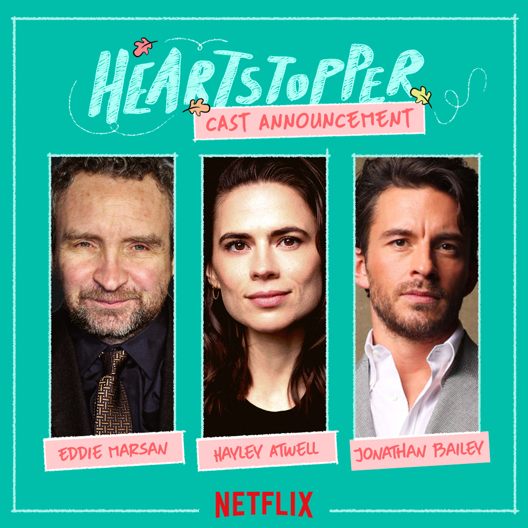 I'm so excited to see new faces for the coming season of Heartstopper! 🥹 Hayley Atwell joins the Nelson family as Nick’s Aunt Diane, Eddie Marsan is our Charlie's therapist Geoff, and Jonathan Bailey makes a cameo as the gorgeous Jack Maddox. #Heartstopper #HayleyAtwell…