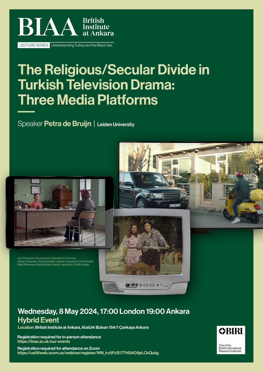 LECTURE: The Religious/Secular Divide in Turkish Television Drama: Three Media Platforms 📍 BIAA, 154 Atatürk Bulvarı, Ankara, and online 📆 Wednesday 8 May 2024 ⏰17:00 - 19:00 (London BST) 19:00 - 21:00 (Ankara UTC+3) ℹ️ biaa.ac.uk/events/religio…