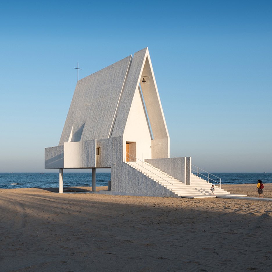 A minimalist chapel constructed to allow waves to flow below it during high tide