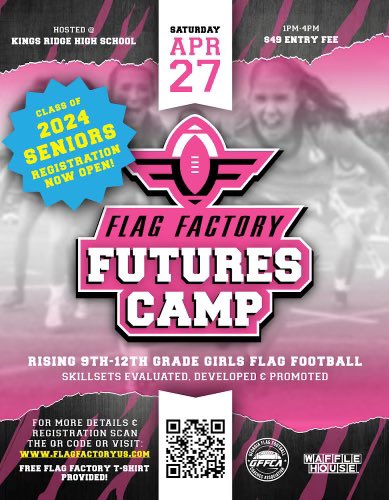 The 2024 Flag Factory Futures Camp is OPEN for registration! The camp takes place Saturday, April 27th from 1 PM- 4 PM and is open to athletes from grades 9-12. It will be held at Kings Ridge High School! The registration fee is $49. 🔗: flagfactoryus.com